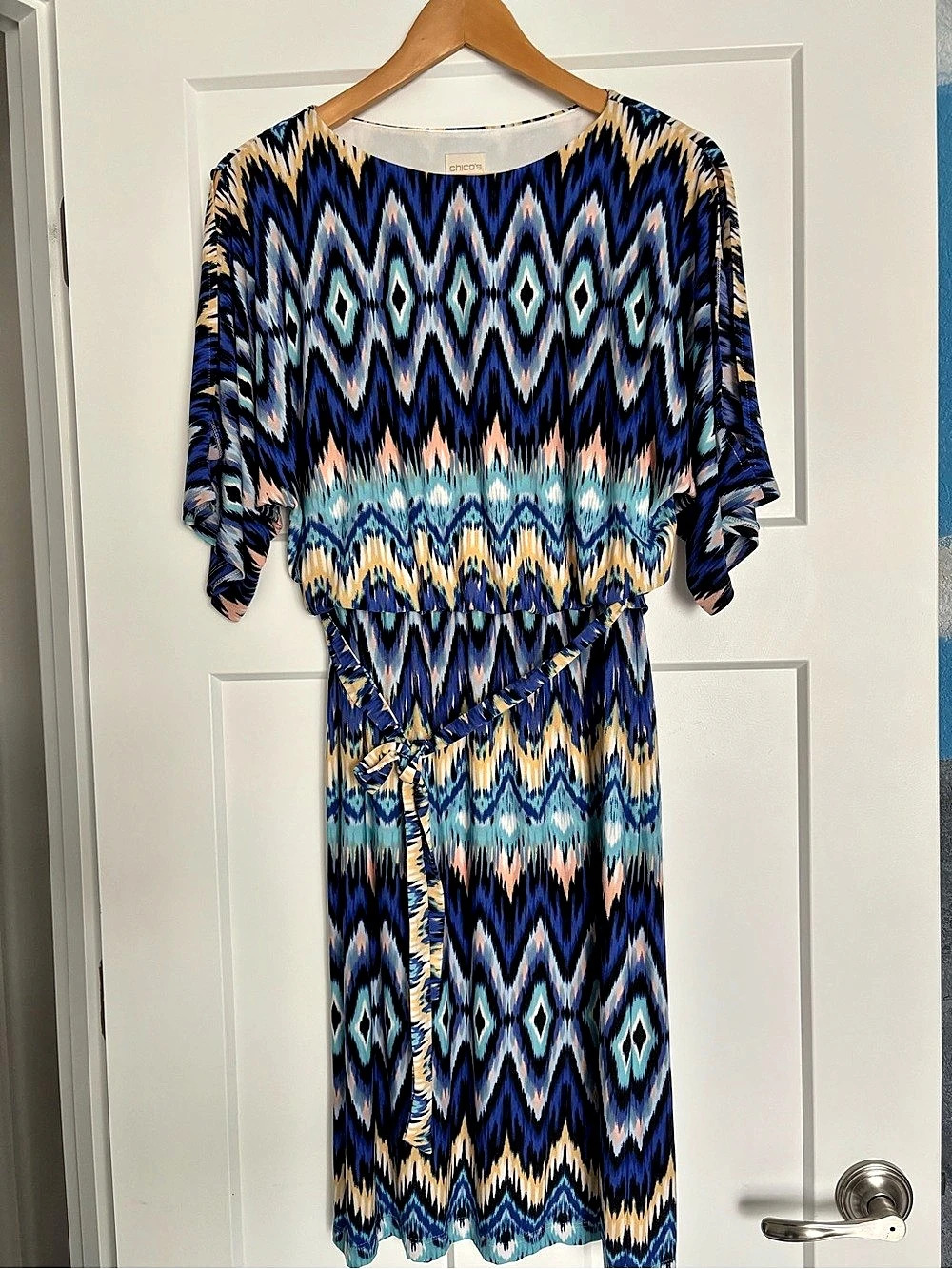 Chico's Ikat Print Belted Maxi Dress Blue & Black Size 0